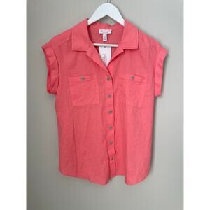 NWT - Isabel Maternity Short Sleeve Shirt Size XS Linen Pink Button Down Spring